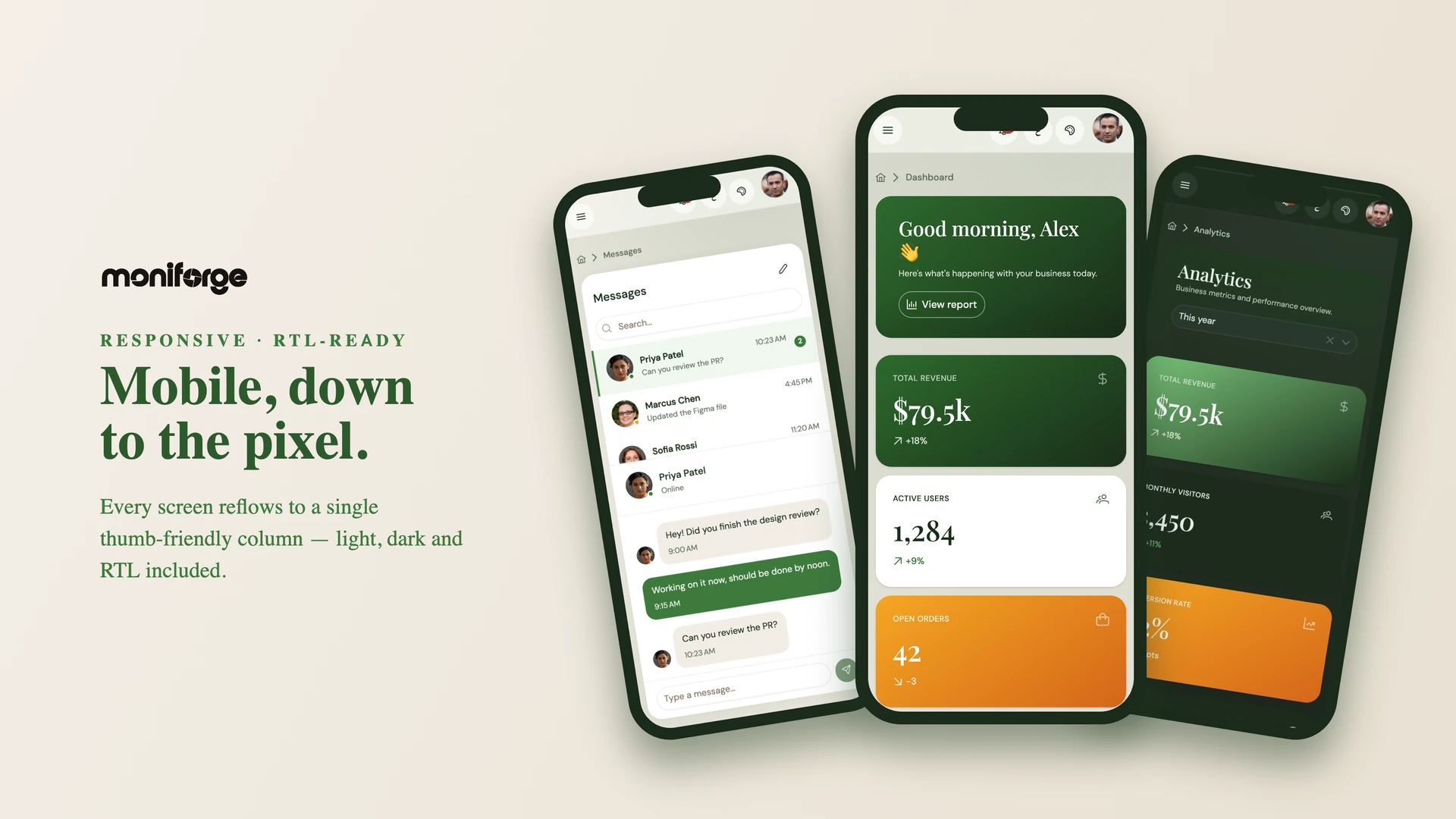 Moniforge Dashboard on mobile — light, dark and RTL-ready